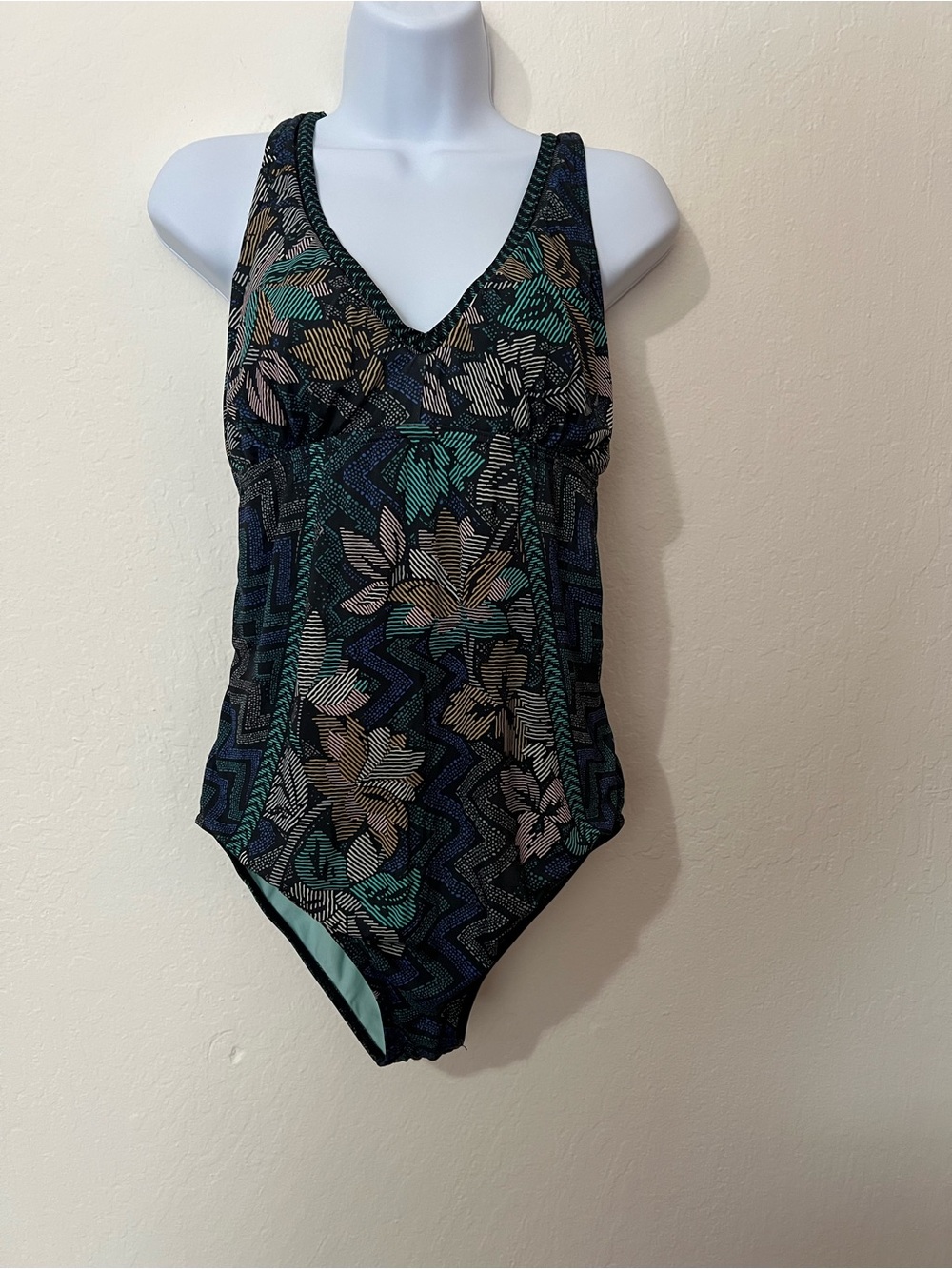 Prana Floral Zigzag One-Piece Swimsuit in Teal, Navy & Black Size L